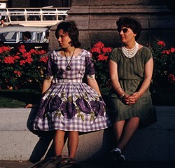 Brightly pattened dresses with wide skirts were popular in the late 50s