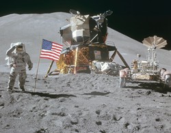 Apollo 15: James Irwin beside the Lunar Module and Lunar Rover
